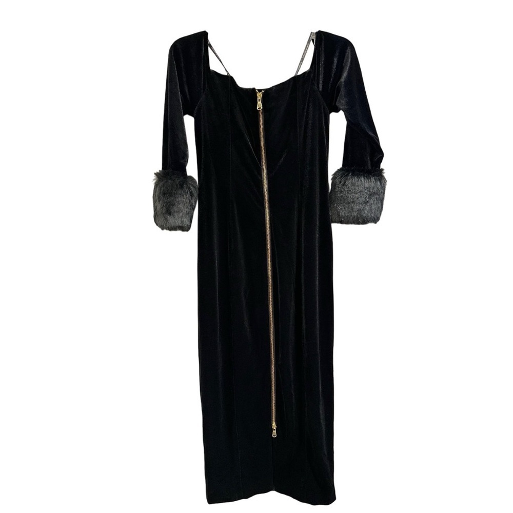 Simona Maghen Joia Dress Velvet Off The Shoulder Long Sleeve Dress Faux Fur Cuff - Picture 4 of 16